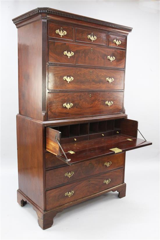 A George III mahogany secretaire chest on chest, W.3ft 7in. D.1ft 11in. H.6ft 3in.